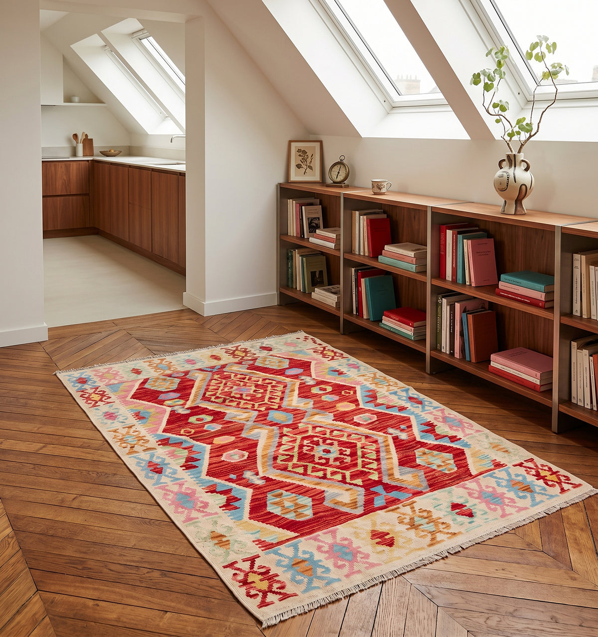 Tapis kilim tissé main aux médaillons rouge vif et bleu ciel, tapis contemporain d'inspiration Anatolie posé sur parquet en chevrons dans une mansarde à Chartres face à une bibliothèque garnie