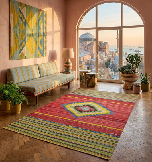 Kilim anatolien aux rayures multicolores et motif central en diamant, présenté dans un salon élégant avec une vue iconique sur la Mosquée Bleue et Sainte-Sophie à Istanbul au coucher du soleil.