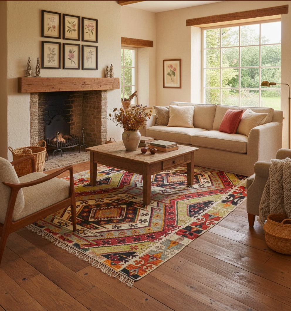 Tapis de salon en laine Avsar aux motifs géométriques traditionnels rouge, jaune et bleu (255 x 146 cm) mis en situation dans un salon rustique avec parquet en bois massif, cheminée en pierre et canapé crème.