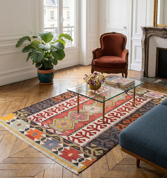 Grand tapis kilim ancien d'Anatolie aux couleurs vibrantes, disposé sur un parquet en chevrons dans un salon élégant. Une pièce maîtresse artisanale qui allie l'authenticité du tissage traditionnel turc à l'esthétique d'un intérieur moderne.