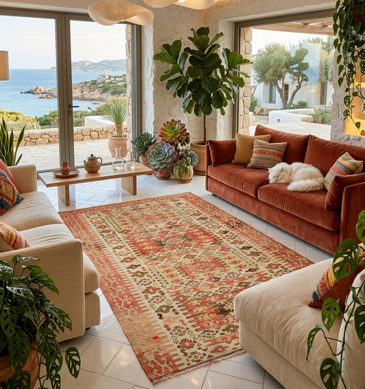 Tapis kilim vintage d'Anatolie en Sardaigne aux motifs géométriques et teintes terracotta, tissé main en laine, au centre d'un salon méditerranéen chic. Contraste élégant entre l'artisanat ancien et le mobilier moderne, dont un canapé en velours rouille, face à une grande baie vitrée avec vue sur la mer. Ambiance bohème haut de gamme signée Anatolie Kilim.