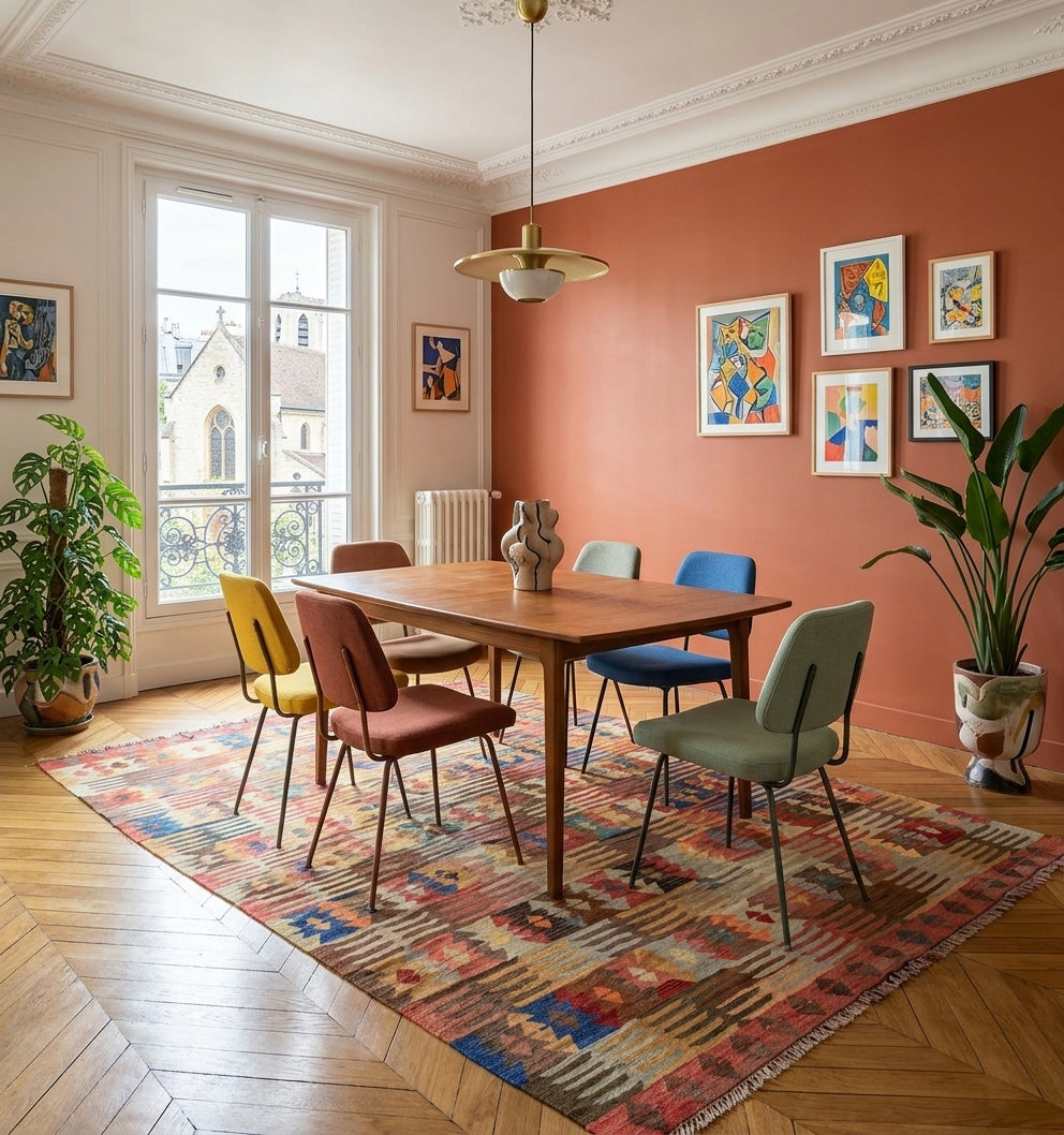 Grand tapis kilim Tavas vintage de 60 ans, tissage artisanal d'Anatolie aux motifs colorés. Installé sous une table de salle à manger scandinave dans un appartement chic à Paris, ce kilim d'exception crée un contraste artistique avec un mur terracotta et un parquet en point de Hongrie.