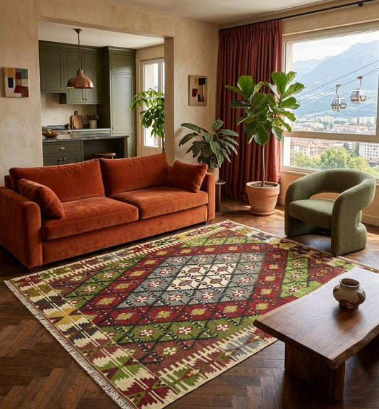 Tapis kilim d'Anatolie aux motifs géométriques complexes et teintes automnales, sublimant un salon moderne avec canapé en velours rouille et vue panoramique sur les montagnes à Grenoble.