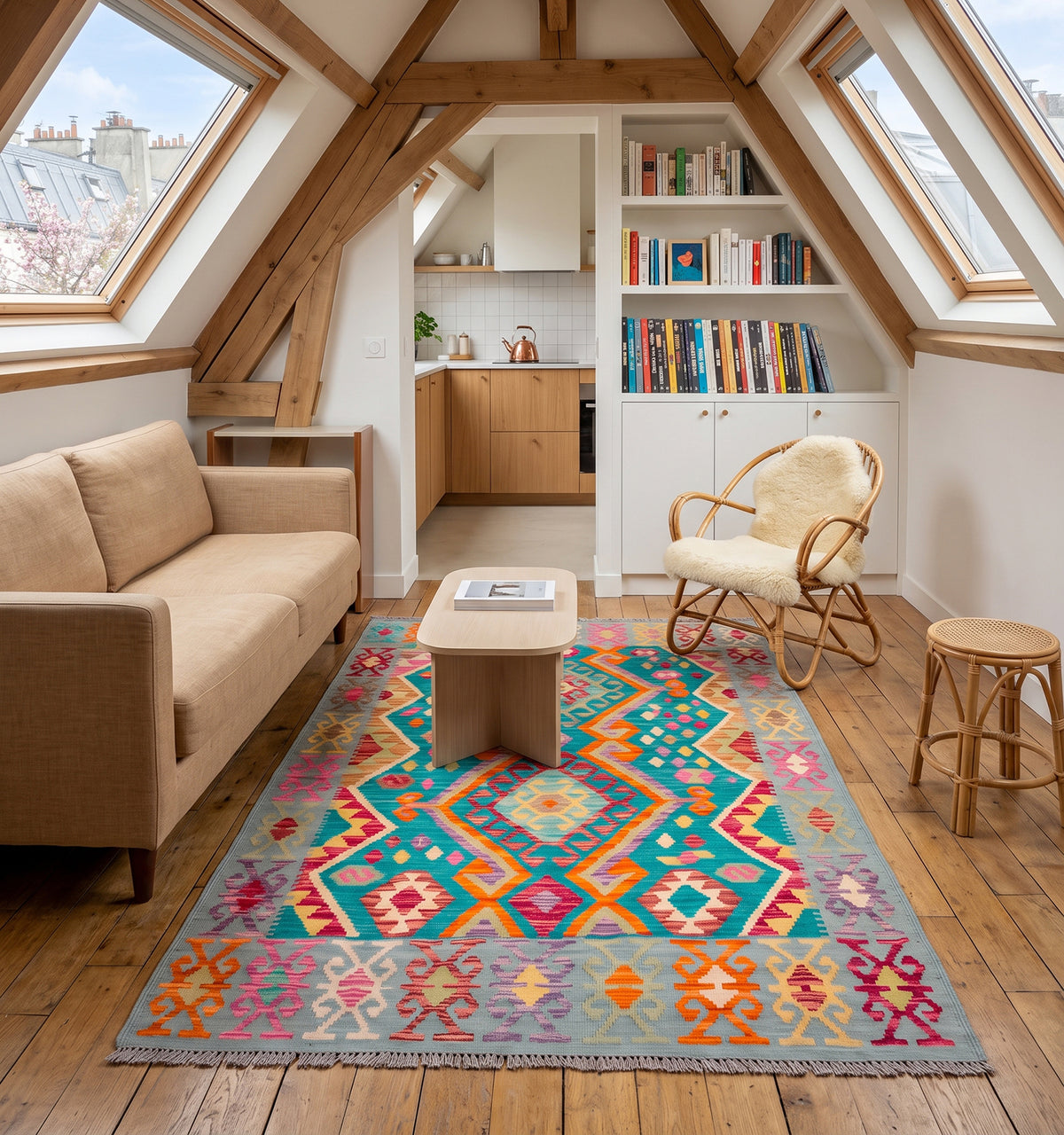 Tapis kilim tissé main aux couleurs vives turquoise et corail, tapis contemporain d'inspiration Anatolie posé sous une charpente en bois à Paris face aux cerisiers en fleurs, pièce unique au motif éclatant