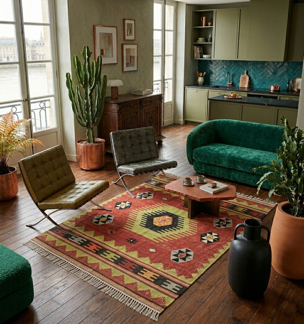 Tapis kilim vintage d'Anatolie aux motifs tribaux et couleurs terreuses, sublimant un salon moderne avec chaises Barcelona et canapé en velours vert face aux quais de Bordeaux.