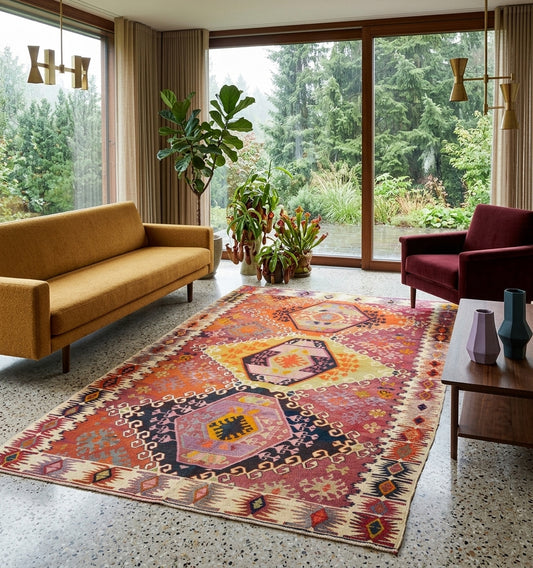 Tapis kilim vintage d'Anatolie à Zurich aux motifs géométriques vibrants, tissé main, réchauffant un salon mid-century chic avec canapé jaune moutarde et fauteuil bordeaux. L'artisanat ancien contraste élégamment avec le mobilier moderne et le sol en terrazzo face à une grande baie vitrée. Signé Anatolie Kilim.