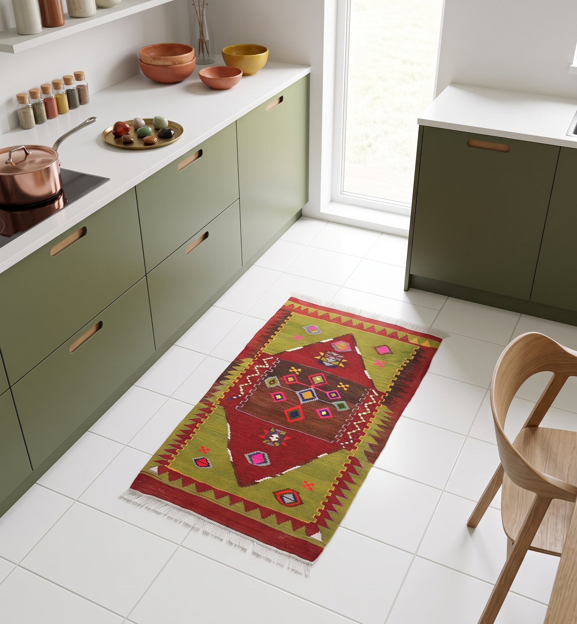 Tapis kilim ancien de Yozgat, tissé main en laine par des nomades d'Anatolie, médaillon losangé rouge et brun sur bordure dents de loup vert olive, posé dans une cuisine nantaise aux façades vert olive et carrelage blanc