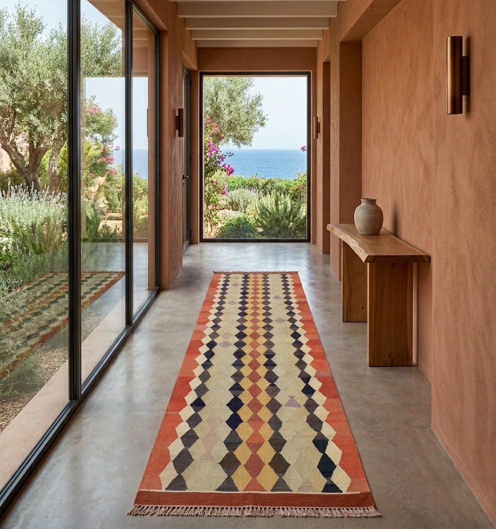 Tapis kilim Yozgat ancien au format galerie (288 x 78 cm), tissé à la main en Anatolie avec des motifs géométriques traditionnels et des nuances chaleureuses. Cette pièce d'artisanat d'exception apporte une touche d'authenticité et de caractère à une villa baignée de lumière à Antibes, créant un contraste harmonieux avec le sol en pierre claire et l'élégance méditerranéenne de l'espace.