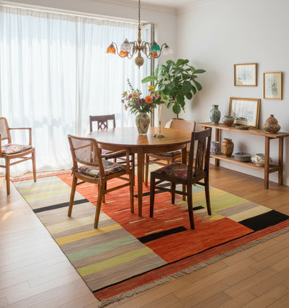 Grand tapis kilim contemporain multicolore (280 x 189 cm) mis en situation sous une table de salle à manger ronde en bois avec chaises vintage, buffet assorti et lumière naturelle
