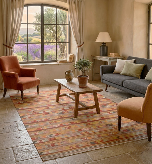 Salon de maison de campagne en Provence avec parquet en chevrons, vue sur des champs de lavande par la fenêtre, et un tapis Kilim turc Afyon authentique de 217x142 cm aux motifs géométriques multicolores (orange, rouge, jaune) placé au centre