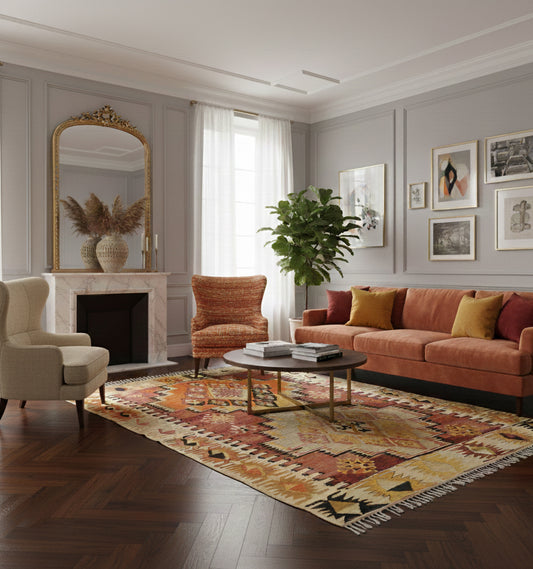 Grand tapis de salon en laine aux motifs géométriques ocre et terre de Sienne (200 x 138 cm) mis en situation avec un canapé en velours rouille dans un salon élégant avec cheminée en marbre