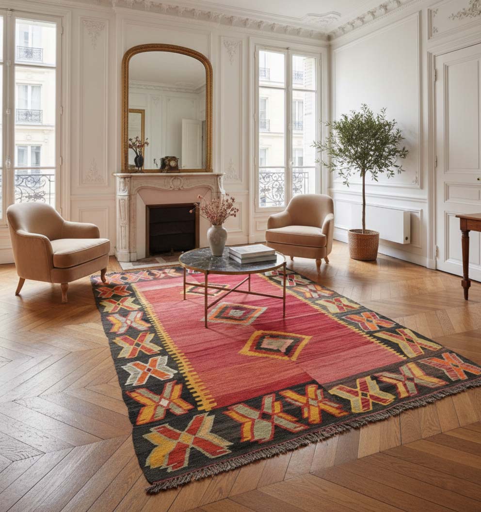 Tapis de salon en laine Adana rouge à bandes noires et motifs losanges (270 x 195 cm) mis en situation dans un salon haussmannien avec grand miroir