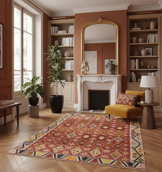 Tapis de salon en laine Adana aux motifs géométriques rouges et ocre (205 x 185 cm) mis en situation dans un intérieur chic avec bibliothèque intégrée, murs terre de Sienne, cheminée en marbre et grand miroir doré
