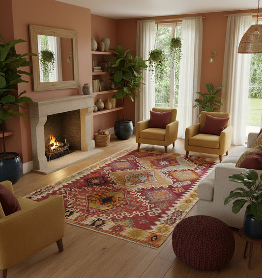 Grand tapis de salon en laine Adana aux tons rouge terracotta et motifs ethniques (285 x 170 cm) mis en situation dans un salon bohème avec cheminée en pierre, murs ocre et fauteuils jaune moutarde