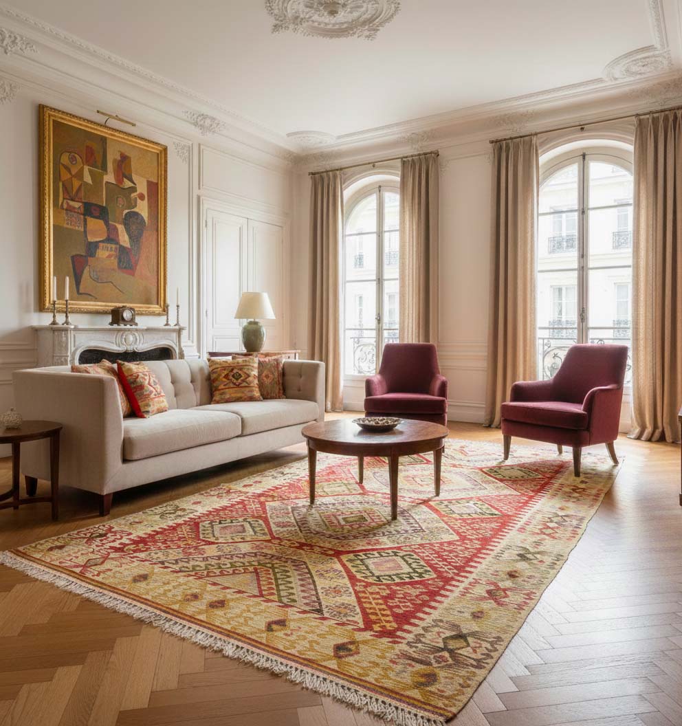 Grand tapis de salon en laine Afyon aux teintes crème et rouge avec motifs géométriques traditionnels (320 x 205 cm) mis en situation dans un salon haussmannien avec parquet en chevrons, canapé beige et fauteuils bordeaux