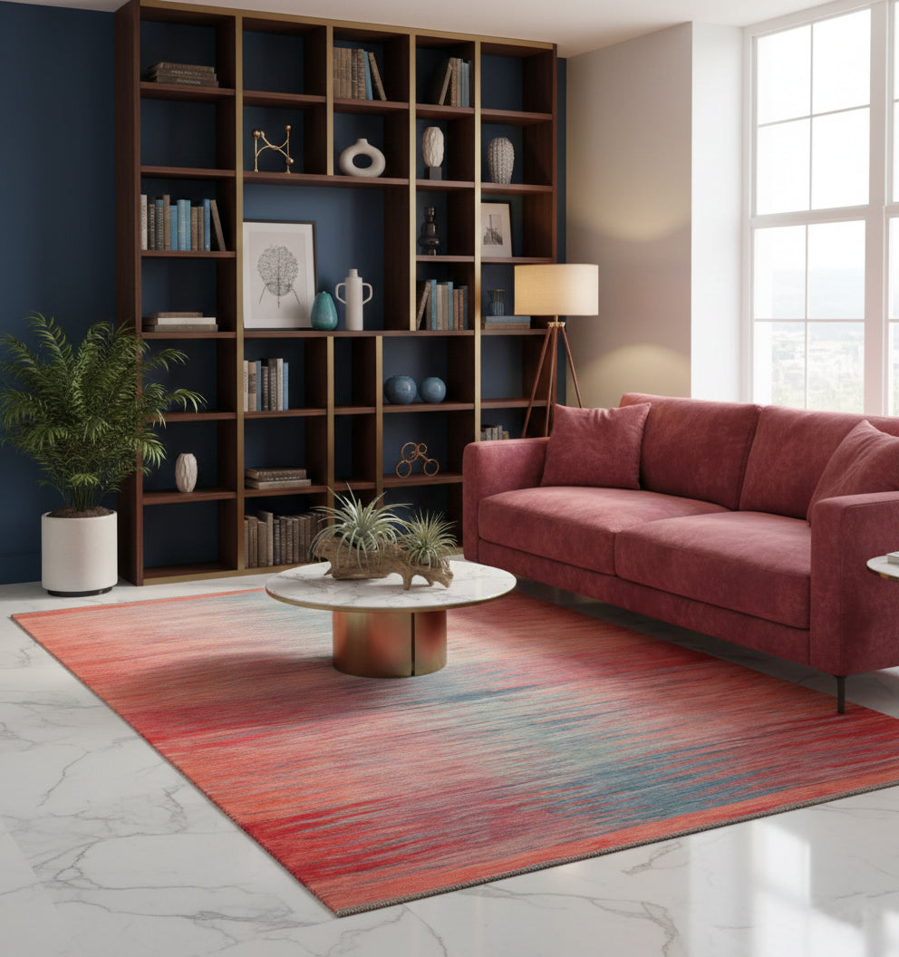 Grand tapis de salon en laine Art Deco avec dégradé horizontal rouge corail et bleu pétrole (298 x 197 cm) mis en situation avec un canapé vieux rose, une table basse en marbre et une grande bibliothèque sombre
