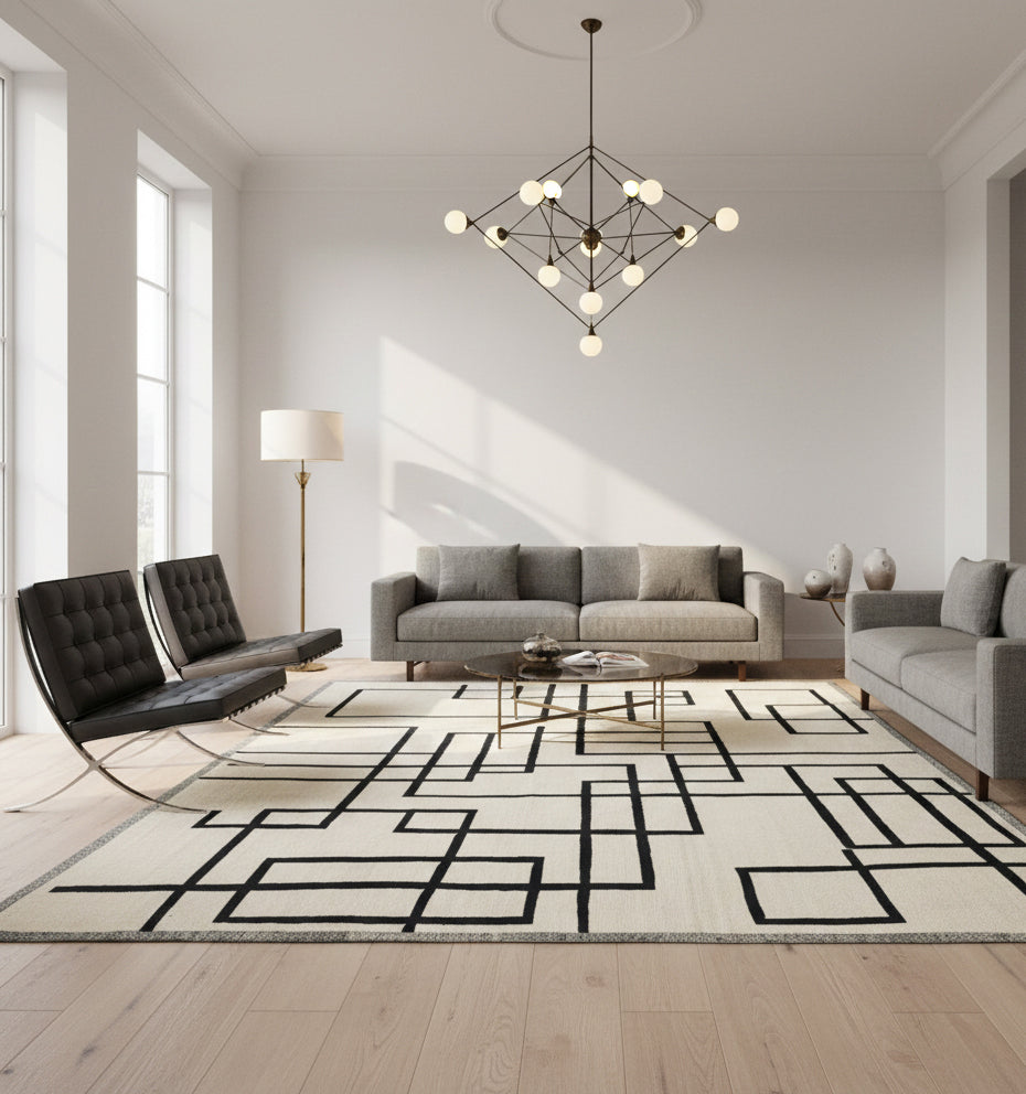 Très grand tapis de salon en laine Art Deco blanc à motifs géométriques noirs (303 x 193 cm) mis en situation dans un salon spacieux avec canapés gris, fauteuils Barcelona et lustre monumental