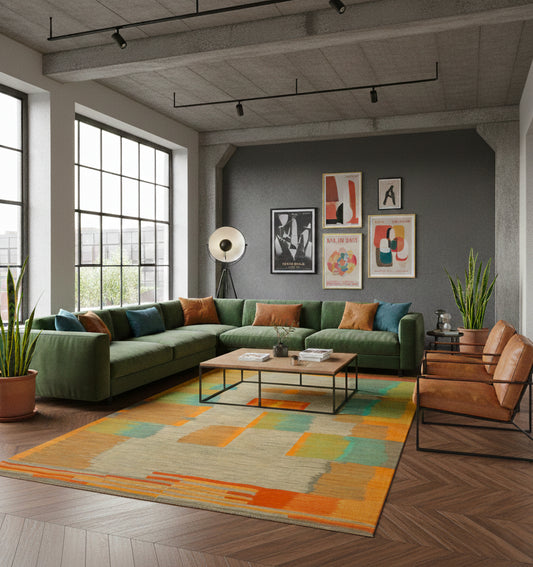 Grand tapis de salon en laine Art Deco aux larges motifs géométriques orange et vert (298 x 194 cm) mis en situation dans un loft industriel avec canapé d'angle vert, fauteuils en cuir et murs gris béton