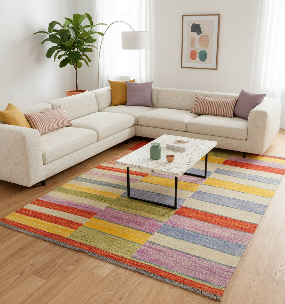 Grand tapis de salon en laine Art Deco aux larges rayures multicolores (203 x 154 cm) mis en situation avec un canapé d'angle blanc et une table basse en terrazzo