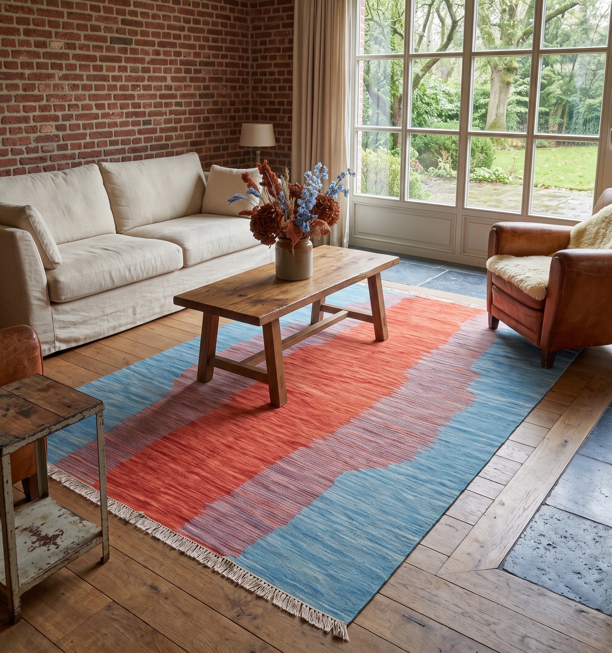 Kilim contemporain Art Déco 297 x 195 cm posé dans un salon en Belgique avec canapé blanc et parquet, motif rouge et bleu turquoise tissé main en laine naturelle
