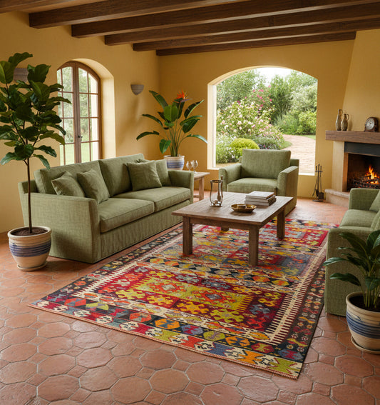 Grand tapis de salon en laine Aydin aux motifs géométriques vibrants (300 x 172 cm) mis en situation dans une pièce aux murs ocre avec canapé vert, sol en terre cuite et vue sur un jardin fleuri