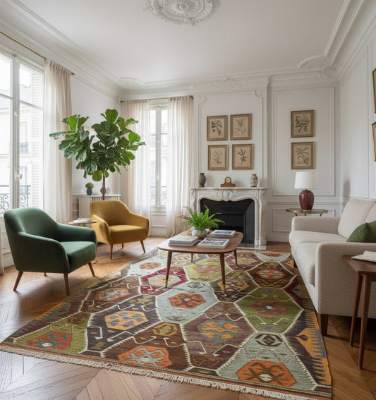 Tapis de salon en laine Barak aux motifs d'hexagones et rosaces multicolores (248 x 148 cm) mis en situation dans un salon haussmannien avec parquet en point de Hongrie, canapé crème et fauteuils vintage vert et jaune