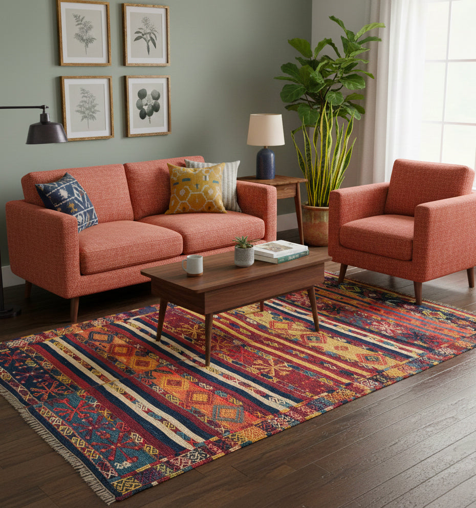 Grand tapis de salon en laine aux rayures horizontales multicolores (178 x 120 cm) installé avec un canapé et un fauteuil assortis dans les tons corail