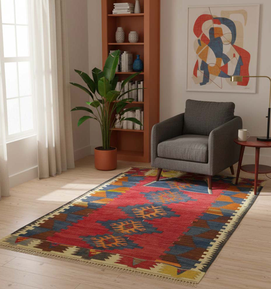 Tapis de salon en laine rouge avec larges bordures  et motifs bleus (150 x 102 cm) mis en situation devant un fauteuil gris et une étagère terre cuite