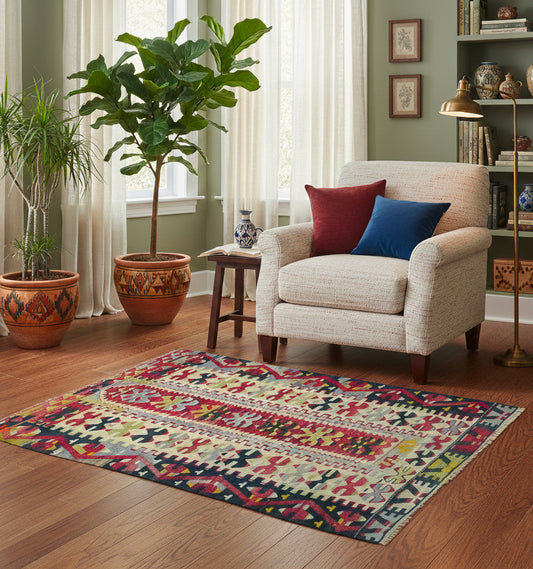 Petit tapis de salon en laine aux motifs géométriques vibrants (130 x 100 cm) mis en situation avec un fauteuil crème et de grandes plantes vertes