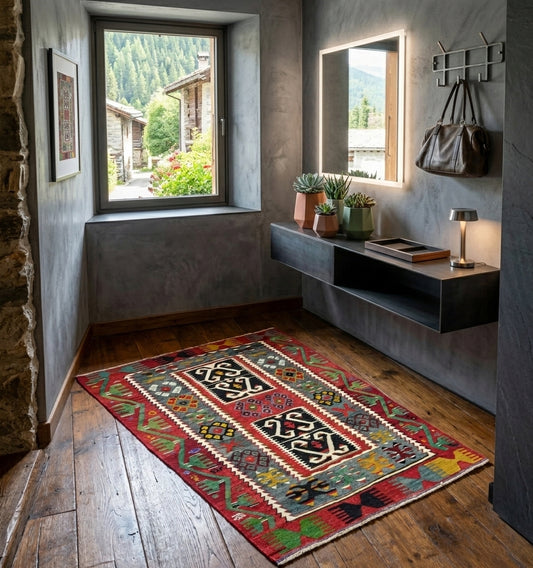 Tapis en laine Esme aux motifs ethniques rouge et vert, disposé sur un parquet en bois sombre dans une entrée moderne au style chalet rustique.