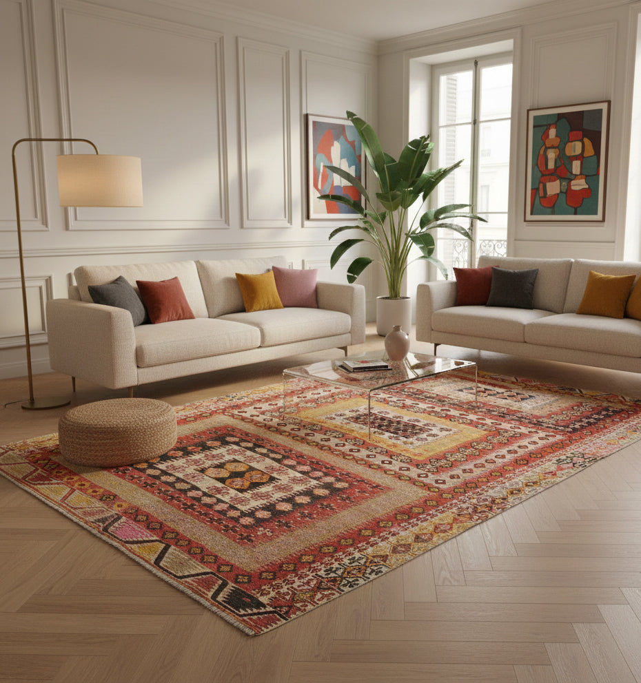 Grand tapis de salon en laine Adana aux motifs géométriques complexes et bordure colorée (306 x 196 cm) mis en situation dans un salon néo-classique avec deux canapés beiges, parquet en chevrons, moulures murales et grandes fenêtres