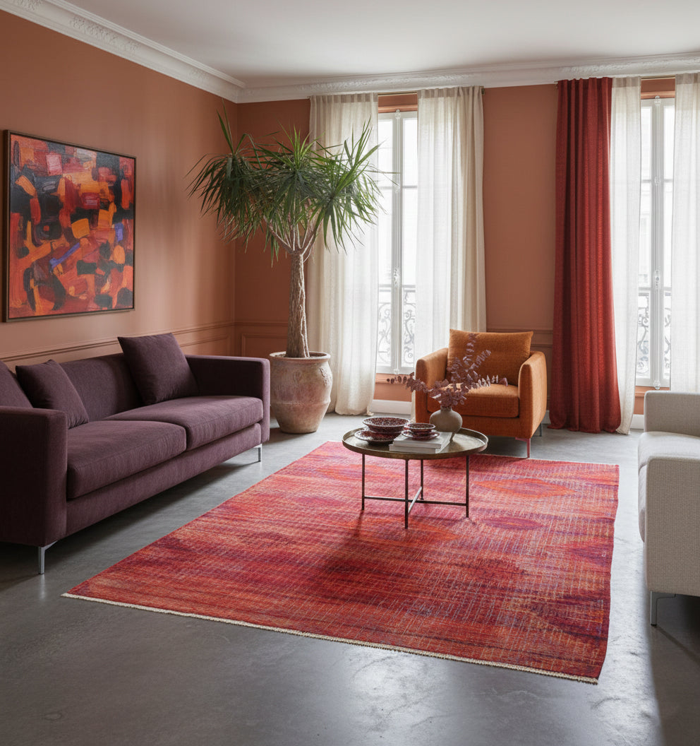 Grand tapis de salon en laine Koprubasi aux nuances de rouge et ocre (280 x 180 cm) mis en situation dans un salon chaleureux avec canapé prune, fauteuil orange, rideaux assortis et murs terre cuite