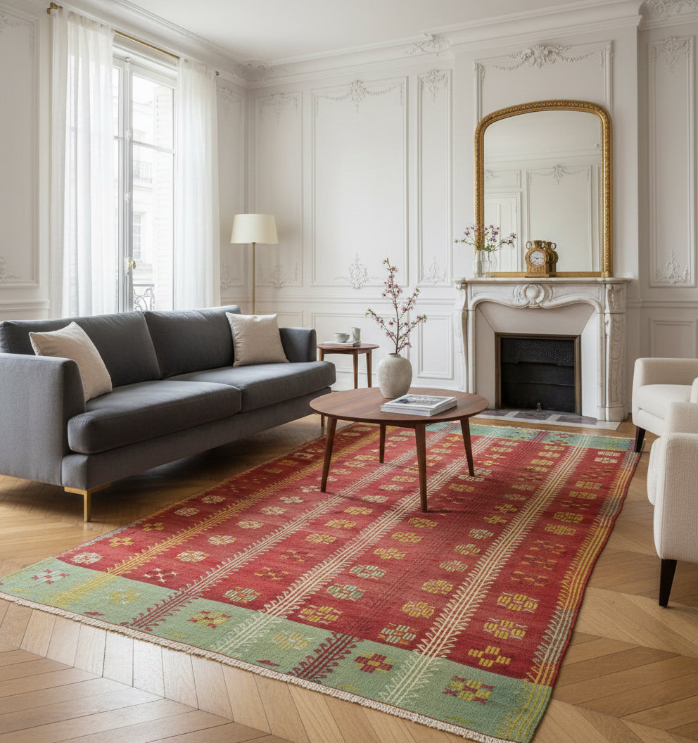 Tapis de salon en laine Koprubasi rouge à rayures et motifs ethniques (260 x 160 cm) mis en situation dans un salon de style haussmannien avec canapé gris anthracite, table basse ronde en bois et cheminée ancienne