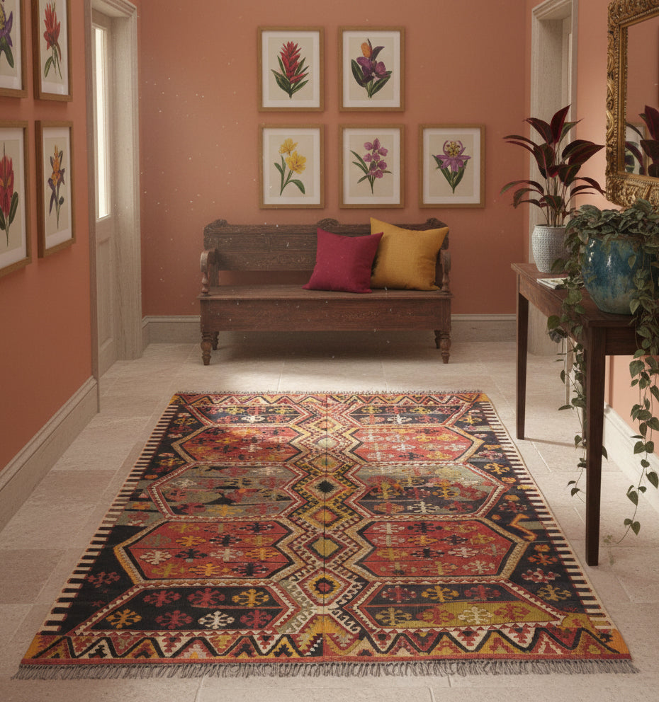 Tapis de salon en laine Malatya aux motifs géométriques ocre et noir (210 x 158 cm) mis en situation dans une entrée lumineuse avec murs terracotta, banc en bois rustique, console et cadres botaniques