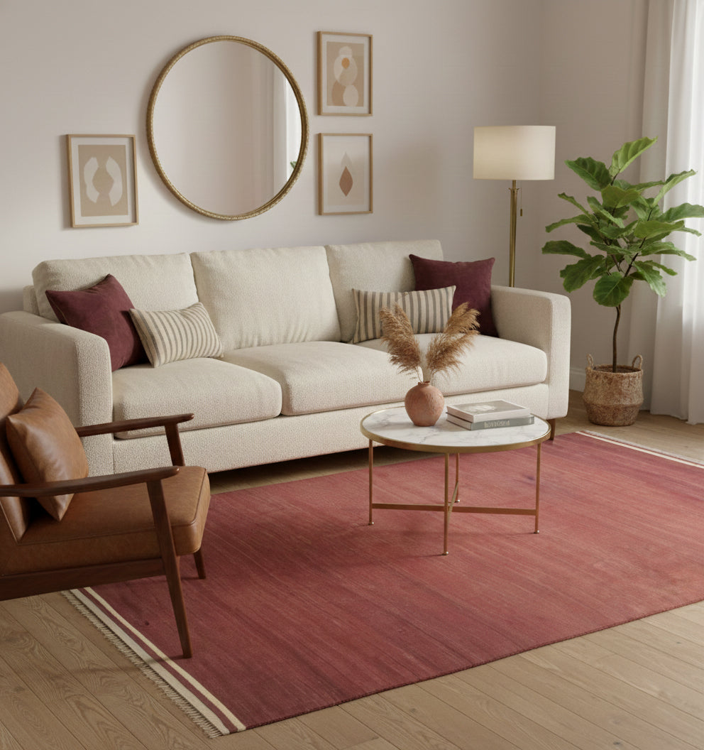 Tapis de salon en laine rouge aux nuances subtiles (190 x 138 cm) mis en situation avec un grand canapé crème, un fauteuil en cuir marron et un miroir rond doré