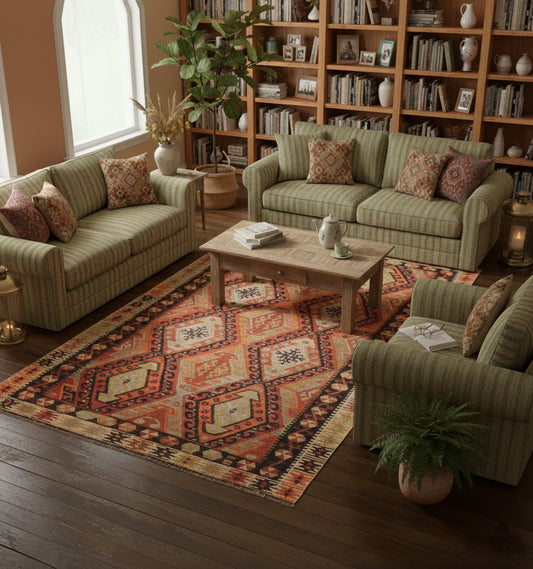 Grand tapis de salon en laine orange aux motifs de losanges (290 x 165 cm) mis en situation dans une pièce avec bibliothèque et canapés rayés verts