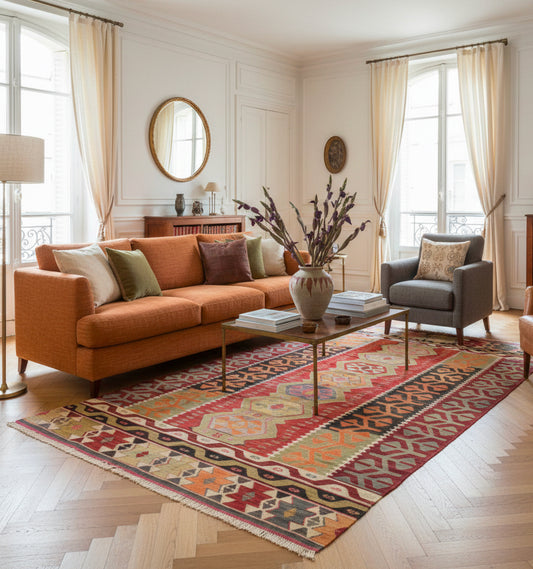 Grand tapis de salon en laine Pamukale aux motifs géométriques ocre, vert et rouge (274 x 155 cm) mis en situation dans un salon classique avec parquet en chevrons, canapé orange brique et grandes fenêtres haussmanniennes