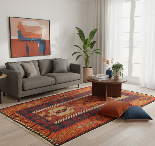 Tapis de salon en laine aux motifs géométriques ocre et bleu (230 x 138 cm) mis en situation dans un intérieur moderne avec canapé gris et table basse en bois