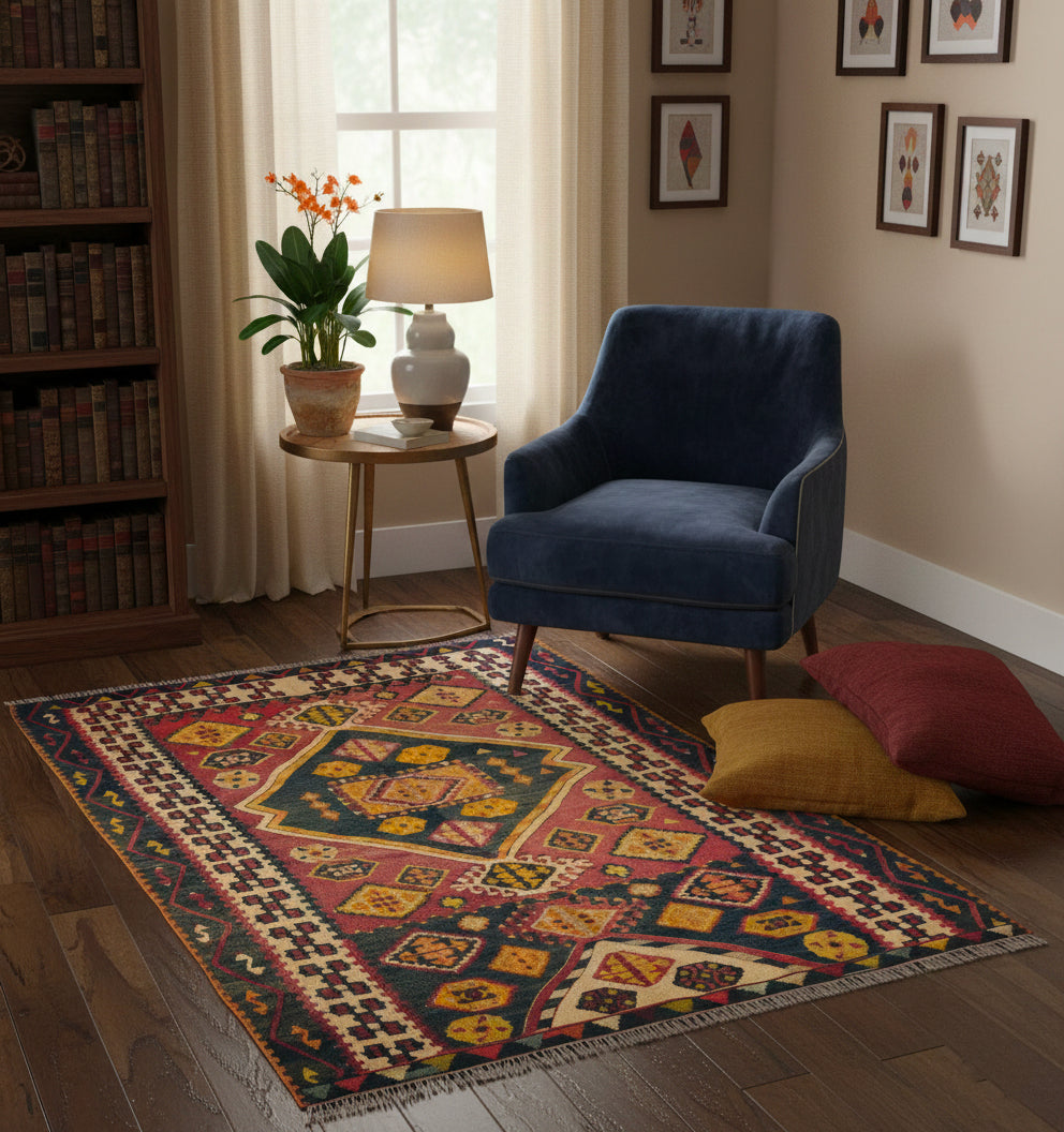 Tapis de salon en laine rouge avec un grand losange central et motifs géométriques (168 x 126 cm) mis en situation devant un fauteuil bleu avec des coussins au sol
