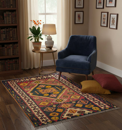 Tapis de salon en laine rouge avec un grand losange central et motifs géométriques (168 x 126 cm) mis en situation devant un fauteuil bleu avec des coussins au sol