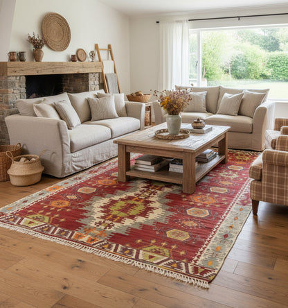 Grand tapis de salon en laine Sihli rouge aux motifs ethniques et bordure géométrique (290 x 165 cm) mis en situation dans un salon rustique avec canapés en lin beige, table basse en bois brut et cheminée en pierre