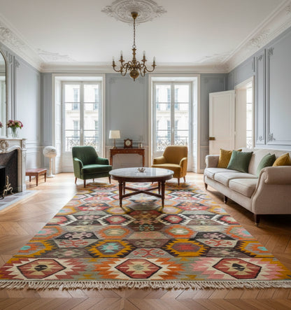 Grand tapis de salon en laine Tavas aux motifs géométriques colorés et bordures dentelées (290 x 195 cm) mis en situation dans un salon de style haussmannien avec parquet en chevrons, moulures et lustre classique