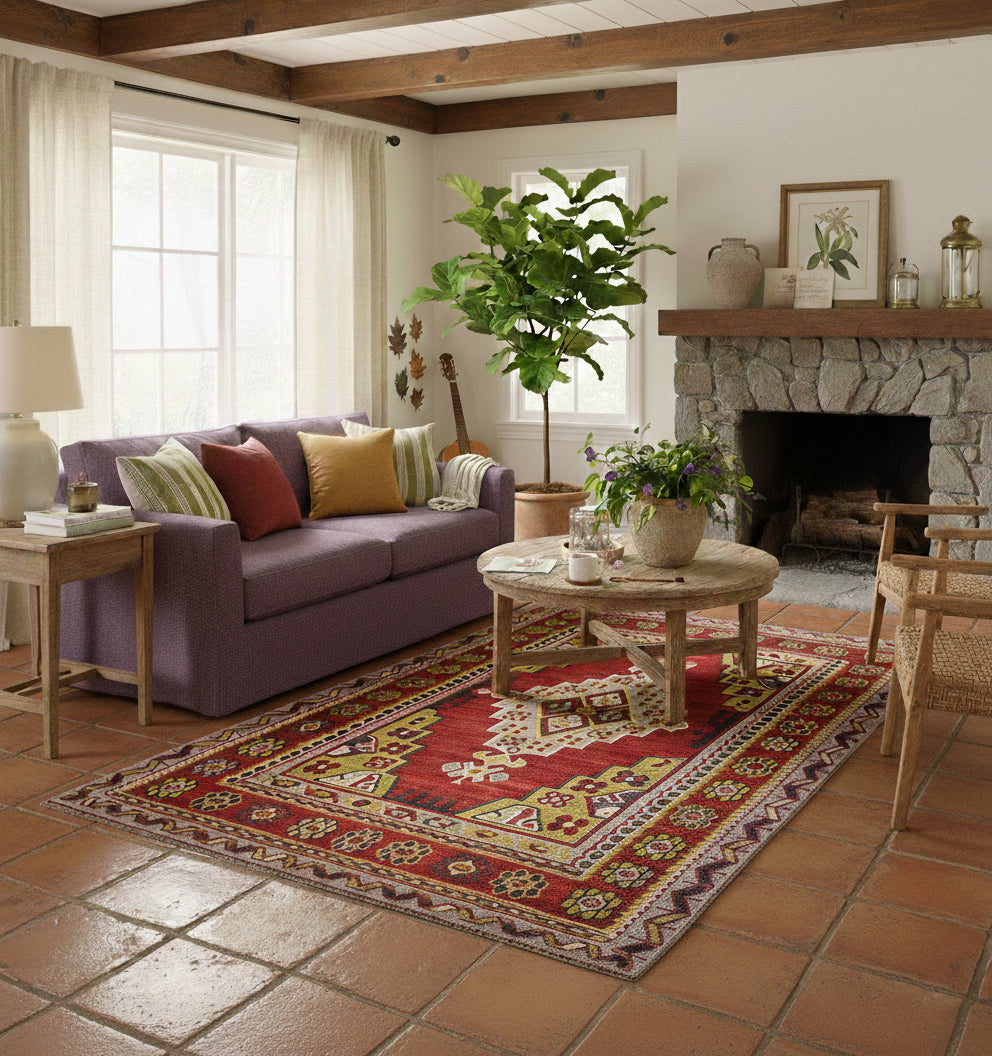Tapis de salon en laine Usak rouge avec médaillon central crème et bordures géométriques (265 x 160 cm) mis en situation dans un salon rustique avec canapé violet, cheminée en pierre et sol en terre cuite