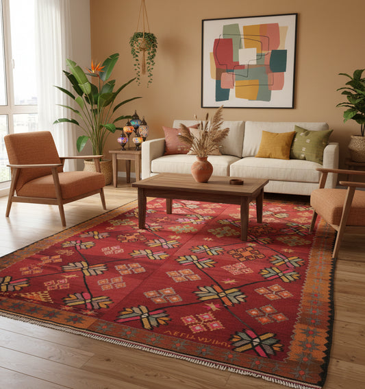 Grand tapis de salon en laine rouge aux motifs étoilés vintage (310 x 190 cm) mis en situation dans un intérieur moderne avec canapé crème, fauteuils en bois clair, table basse minimaliste et décoration murale abstraite